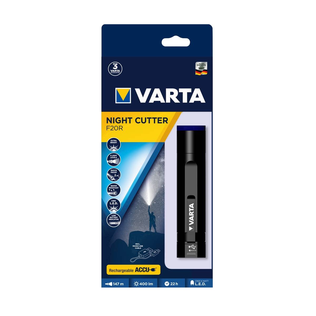 Varta F20R Night Cutter LED Zaklamp - Oplaadbaar - 400Lm